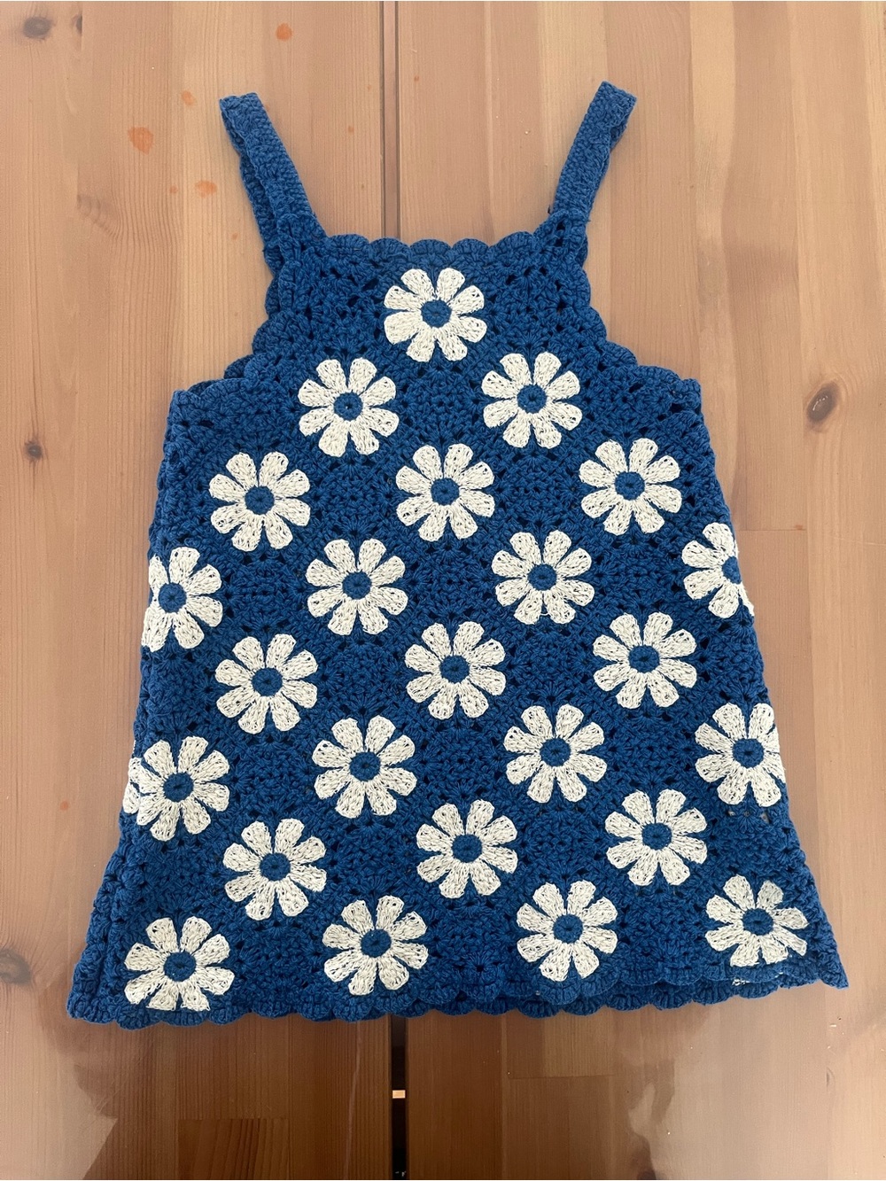 Zara Navy Blue Crochet Tank Dress with Cream Daisy Appliqués